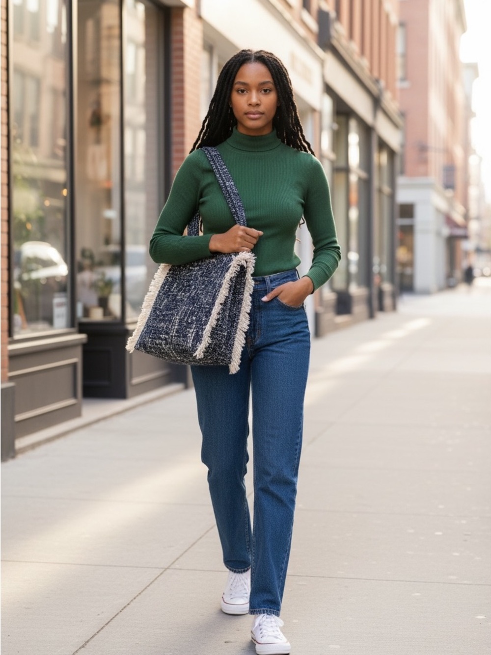 Blue chenille with fringe tote